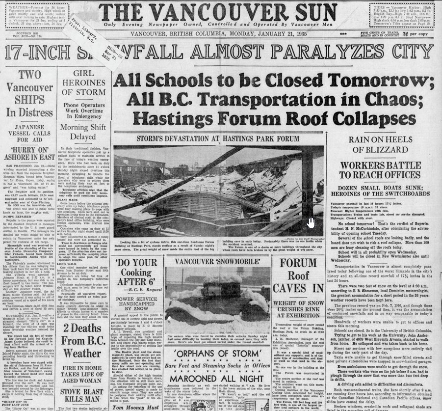 MMadryga's tweet image. How about this one Mike? My Dad originally told me about it...he was 9. 
-17C for a low temp Jan 19, 1935. 
~45 cm of snow fell Jan 20/35. 
Followed by 200-300 mm of rain later on the 20th through the next several days. 😮@GlobalBC @richardzussman