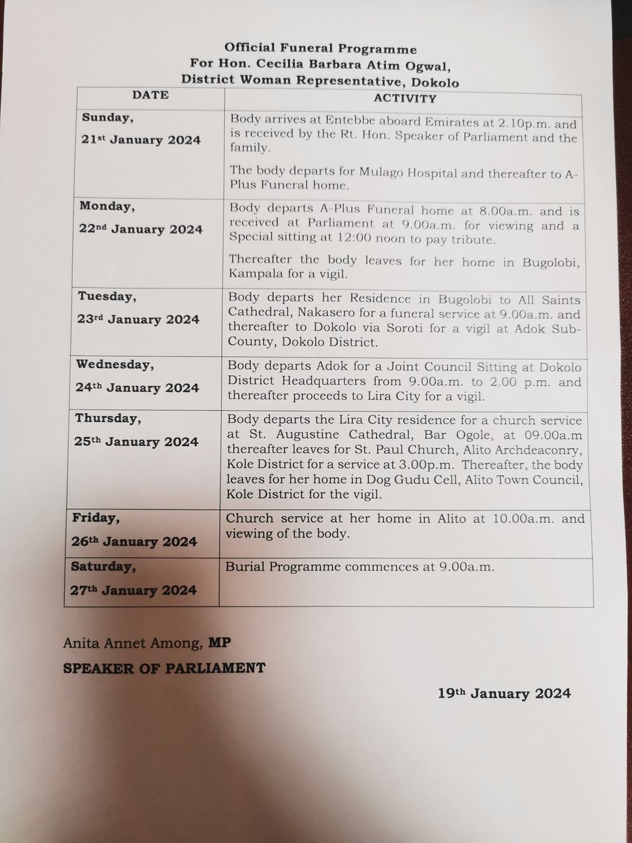 Parliament of Uganda (@parliament_ug) on Twitter photo Speaker <a href="/AnitahAmong/">Anita Annet Among</a> has released the Official Funeral Programme for the late, Hon. Cecilia Ogwal. Speaker <a href="/AnitahAmong/">Anita Annet Among</a> has released the Official Funeral Programme for the late, Hon. Cecilia Ogwal.