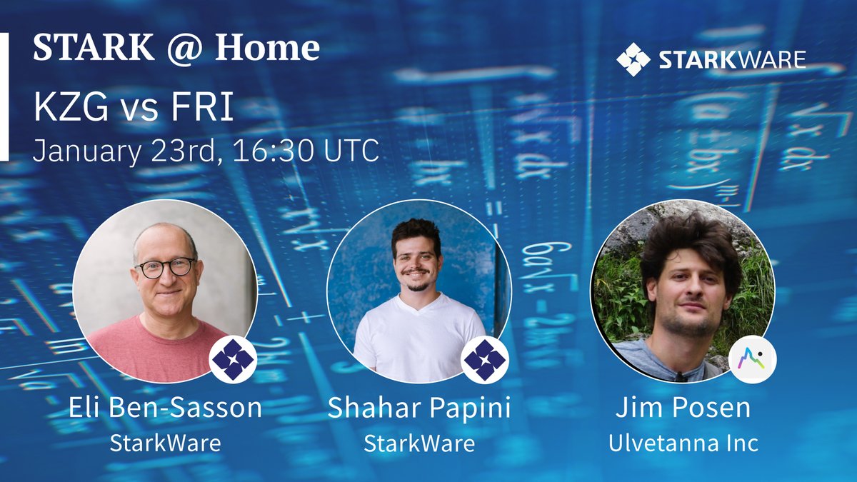 Does size matter when it comes to polynomial commitment schemes? Join us for a heated discussion of KZG, FRI, and Binius on our next STARK @ Home with @EliBenSasson, @PapiniShahar, and a special guest appearance from @jimpo_potamus. 📅January 23rd ⏰16:30 UTC…