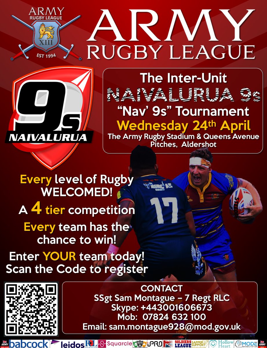 Army Rugby League (@armyrugbyleague) on Twitter photo ๐Inter-Unit Rugby League is back soon!๐
The <a href="/ArmyRugbyLeague/">Army Rugby League</a> Naivalurua 9๏ธโฃs kicks off in Aldershot on Wed 24th April
Spaces are strictly limited so get your entries in NOW! Simply scan the QR code and register your details on the form, 'takes 2 minutes ๐
#armysport #rugby ๐Inter-Unit Rugby League is back soon!๐
The <a href="/ArmyRugbyLeague/">Army Rugby League</a> Naivalurua 9๏ธโฃs kicks off in Aldershot on Wed 24th April
Spaces are strictly limited so get your entries in NOW! Simply scan the QR code and register your details on the form, 'takes 2 minutes ๐
#armysport #rugby