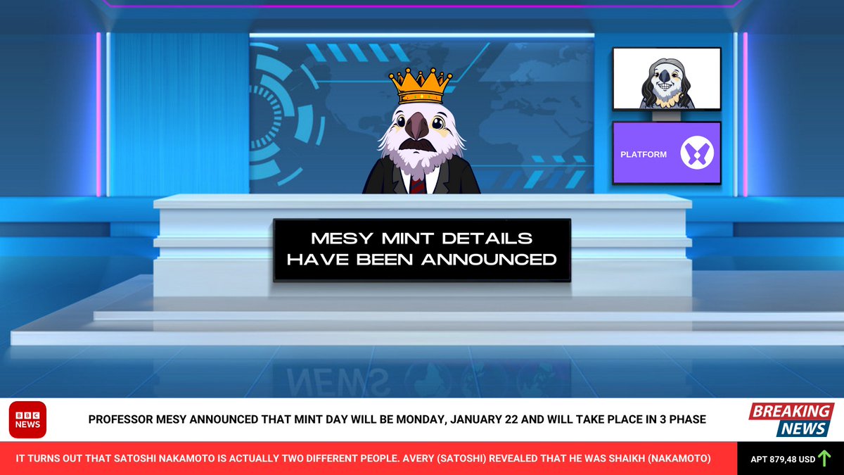 🦉 <a href="/mesybird/">Mesy</a> mint detail reveal🦉

 Date : 01/22/2024  

Launchpad :<a href="/wapal_official/">Wapal</a>

Phase 1 : 5 PM UTC ,Free mint for AptosArtMuseum Gen-0 NFT Holders and mesylist role.

 Phase 2 :5.30 PM UTC ,Aptos Community Sale 1.5 million Gui

 Phase 3 : 5 PM UTC ,Public Sale 2 million Gui