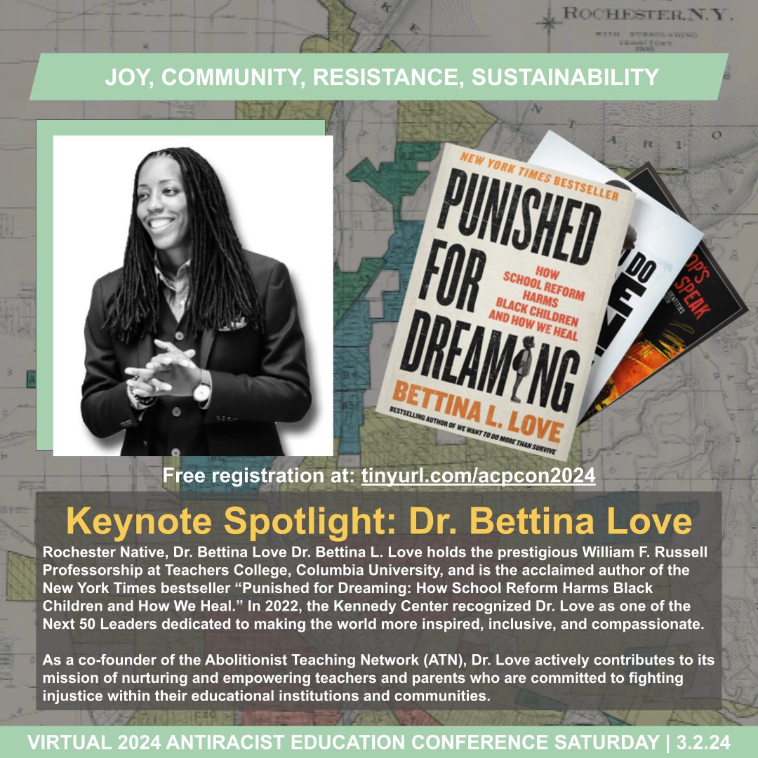 Three years ago Dr. Bettina Love kicked off our inaugural conference with an unforgettable keynote! She’s agreed to return and speak on her incredible new NYT bestselling book “Punished for Dreaming”. 
Join us virtually on March 2nd! Register here forms.gle/DLNUq3aTy7vfg6….