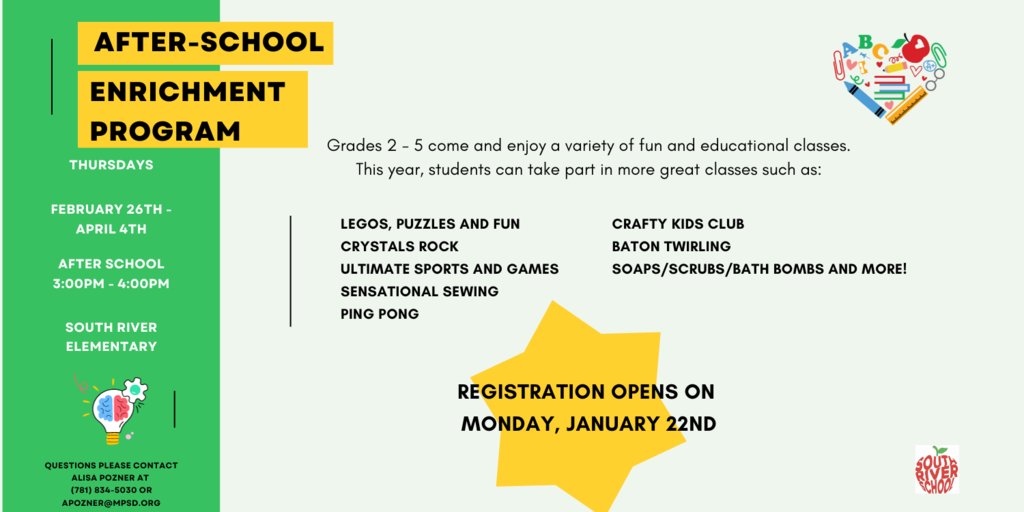 The SRS After School Enrichment Program registration opens on Monday afternoon!