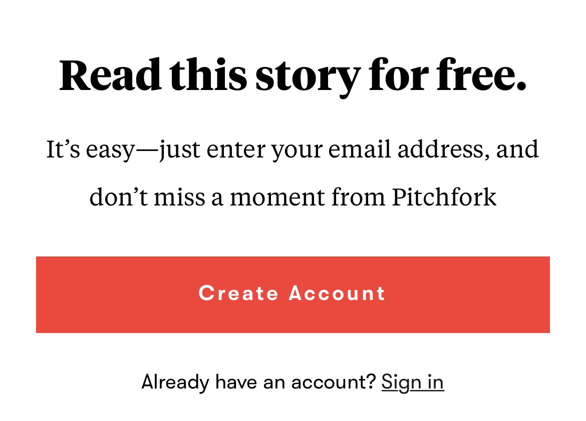 ericrennerbrown's tweet photo. Got hit with this on a Pitchfork review for the first time this morning. If Conde ends up using this to institute a paywall... it's chilling to think what effect that will have on music discovery and for those trying to access 25 years of archival music writing https://t.co/zwjzq6Bqj4