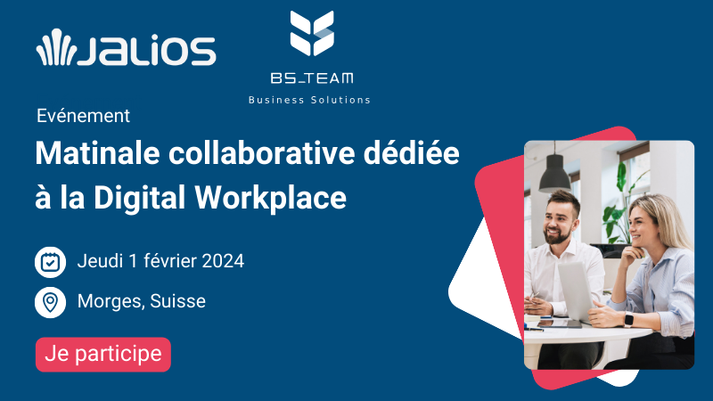 Jalios et BS-Team SA vous donne rendez-vous le 1 février à Morges en Suisse pour une matinale collaborative dédiée à la #DigitalWorkplace 🚀

👉 Témoignages inédits du Groupe Mutuel et de Berney Associés
Et bien plus ! ✨
 
Inscrivez-vous dès maintenant : eu1.hubs.ly/H075pdt0