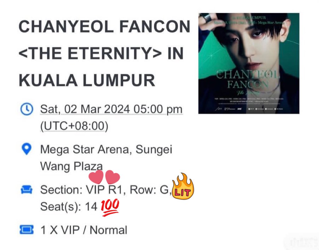 6lightumx's tweet photo. 🍒HELP RT🍒

WTS‼️Chanyeol Fancon in KL 🎫

🌟VIP R1 x 1
🌟Row G, Seat 14 

⚡️Reason to sell: Bought extra 1 ticket 

 ✨Helping my friend to spread it📢📢📢 @chianhuey5201 

DM me if interested! 📪

#CHANYEOL #찬열 
#CHANYEOL_FANCON_TOUR
#THE_ETERNITY #CHANYEOLinKL https://t.co/IijSnw89dj