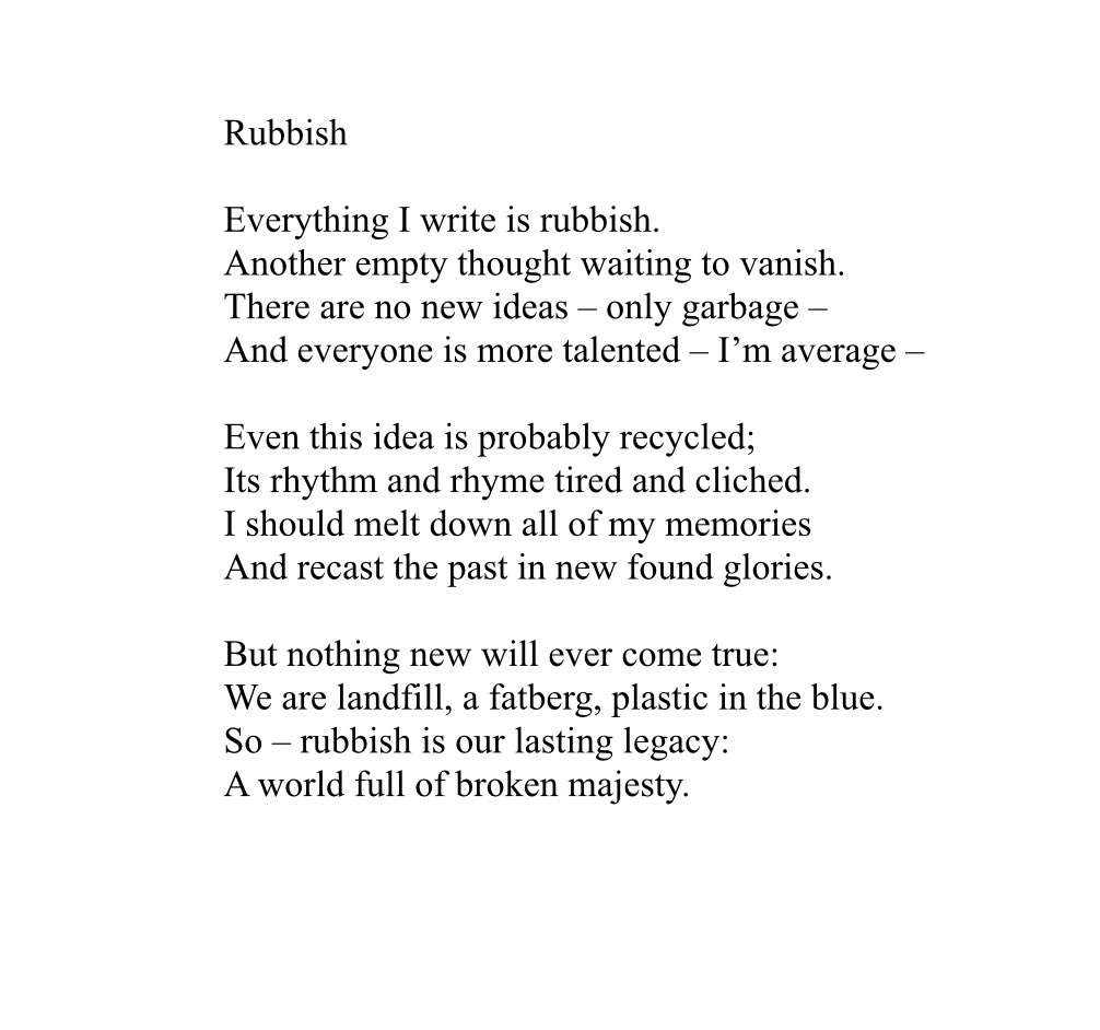 The BabelZoo is 12 years old in 2024!

To celebrate, this week’s theme: #rubbish

#poetry #poem #poetrylovers #poetrytwitter #BabelZoo #GetWriting #WritersOfTheWorldUnite #EnglishTeaching

Feel free to post your poems below, if you want to get involved!