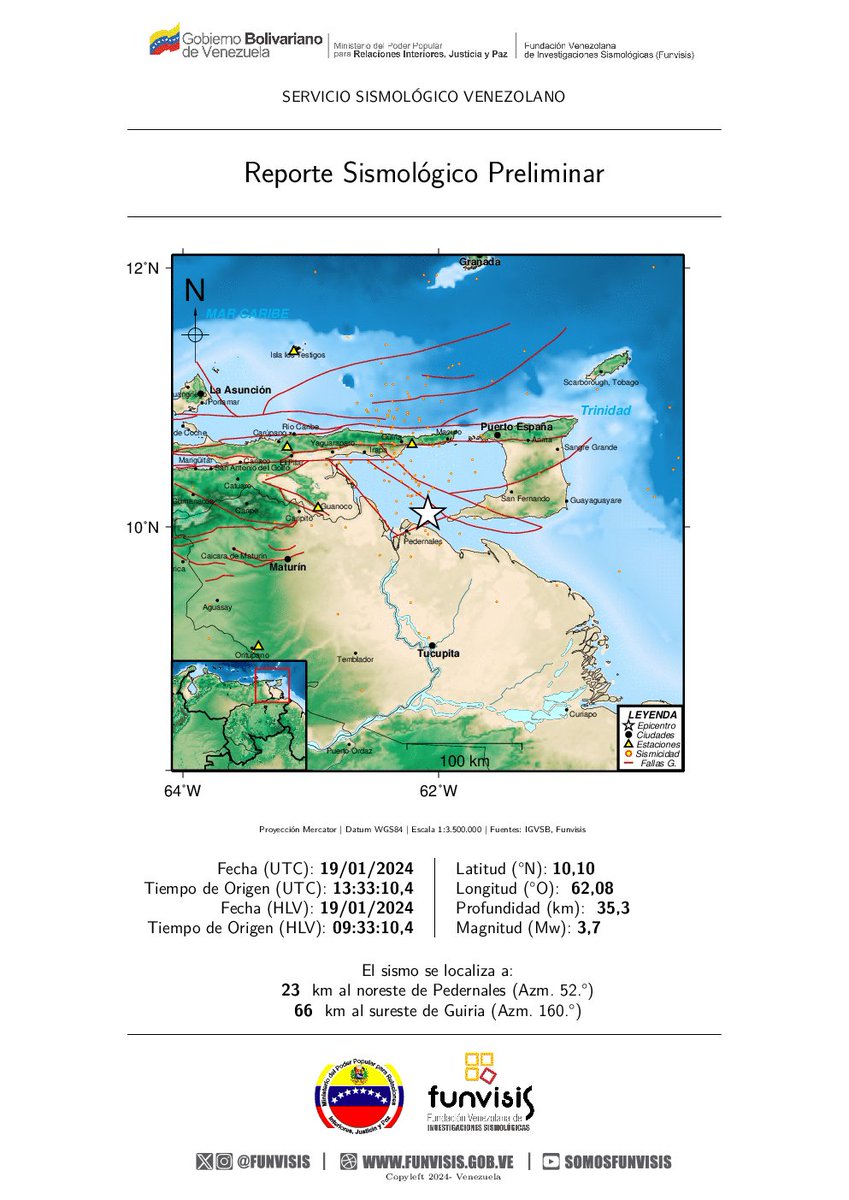 FUNVISIS
Sismo No Sentido
19/01/2024 09:33
Mag (Mw): 3.7
Prof: 35.3 km
Epicentro: 10.1 N 62.08 O
23 km al noreste de Pedernales