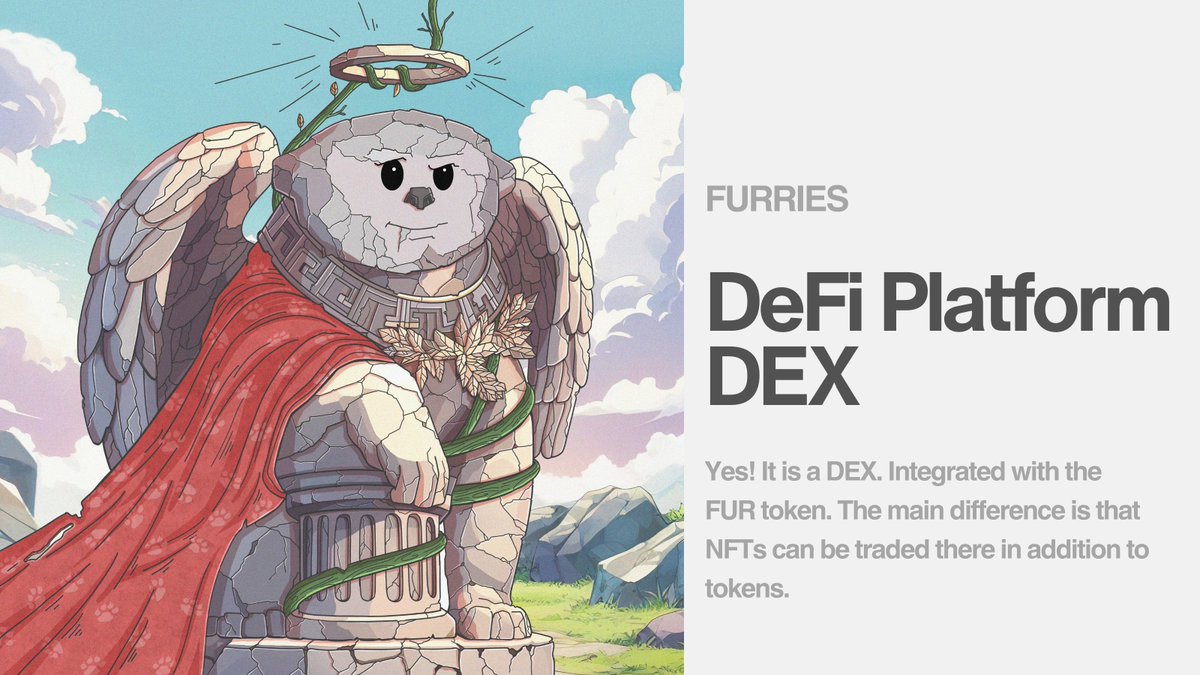 FurriesFrens's tweet photo. Yes! It is a DEX. The 1st step will be creating a Swap, & then we will go for Limit Orders. Not only tokens, but also NFTs!

Our DeFi protocol is a comprehensive platform mixing various DeFi services, allowing you to maximize earnings with tokens & NFTs.

It provides a range of income opportunities & makes it easy to manage digital assets.