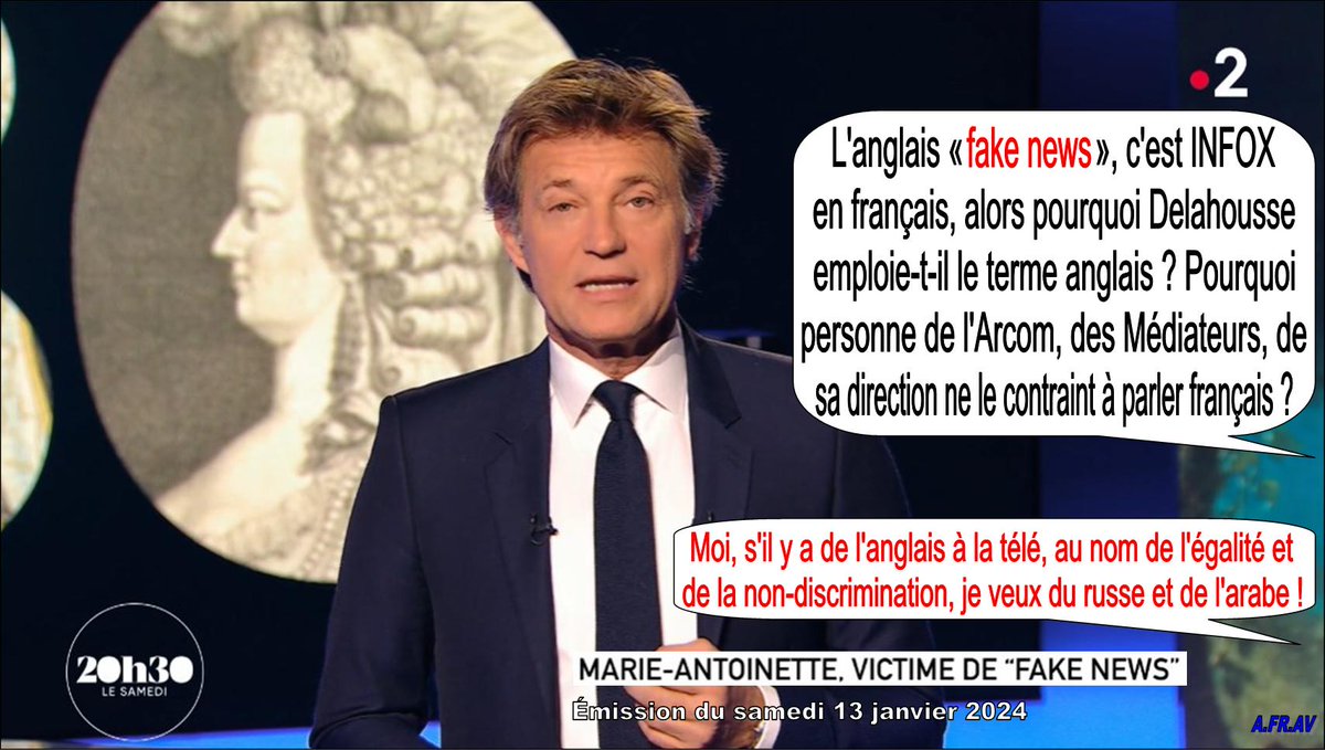 Pélissier (@rouquerol34) on Twitter photo Pourquoi personne n'oblige <a href="/LaurentDelahous/">Laurent Delahousse</a> à respecter la langue française ?
À #journalistes #information #Arcom <a href="/Arcom_fr/">Arcom</a> <a href="/romaistre/">Roch-Olivier Maistre</a>
#JT20H #info #anglicisation <a href="/20h30lesamedi/">20h30 Le Samedi</a>
<a href="/MediateurFTV/">Médiateur France Télévisions</a> #France2 #francetv #défrancisation #JeBalanceLesAngliciseurs #20h30lesamedi <a href="/CduJoly/">joly céline</a> Pourquoi personne n'oblige <a href="/LaurentDelahous/">Laurent Delahousse</a> à respecter la langue française ?
À #journalistes #information #Arcom <a href="/Arcom_fr/">Arcom</a> <a href="/romaistre/">Roch-Olivier Maistre</a>
#JT20H #info #anglicisation <a href="/20h30lesamedi/">20h30 Le Samedi</a>
<a href="/MediateurFTV/">Médiateur France Télévisions</a> #France2 #francetv #défrancisation #JeBalanceLesAngliciseurs #20h30lesamedi <a href="/CduJoly/">joly céline</a>