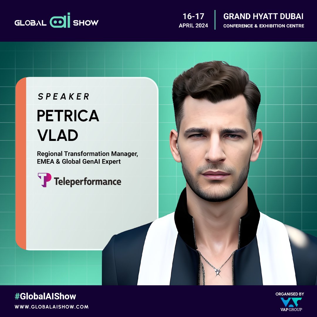 GlobalAIShow's tweet image. 📣Speaker Announcement: 

@vladpetryca , EMEA Transformation Manager &amp;amp; Global GenAI Expert at @Teleperformance, with a master&apos;s, 6 years&apos; experience, and a Forbes 2000 background, joins us. International Speaker and Digital Transformation expert, he guides Fortune 500 companies…
