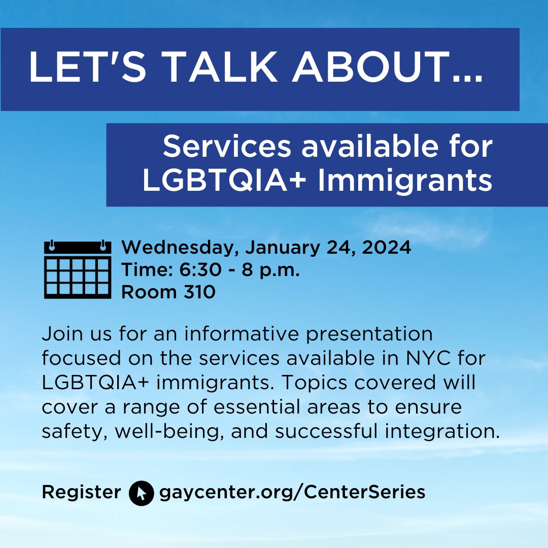 LET'S TALK ABOUT...vital resources for LGBTQIA+ #immigrants in #NYC! Join our informative presentation covering important topics like safety, wellbeing, and successful integration. Let's ensure everyone finds support! 🌟 🗓️ January 24 | 6:30-8 p.m. RSVP: gaycenter.org/CenterSeries