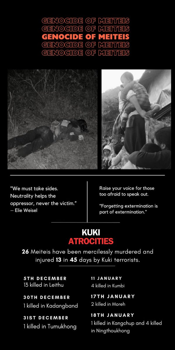 bonwyswyg's tweet photo. ‼️  GENOCIDE OF MEITEIS ‼️

In the past 45 days, 26 Meiteis have lost their lives in seven separate incidents orchestrated by #KukiTerrorist . Additionally, 13 police personnel sustained injuries in Moreh during the same period. 

It is crucial to bring international attention to the ongoing Meitei genocide perpetrated by Kuki terrorists, akin to a state-sponsored genocide in Manipur under the infamous SoO. 

#StopGenocideOfMeiteis #IndiaUnderAttack 

@ndtv @RajBhavManipur @thewire_in @KaranThapar_TTP @EastMojo @AJEnglish @ukhrultimes @timesofindia @TimesNow @htTweets @globaltimesnews @PTI_News @pooja_news @ABPNews @ZeeNews @ZeeNewsEnglish @BBCWorld @BBCBreaking @rashtrapatibhvn @PMOIndia @HMOIndia @NBirenSingh @BSF_India @manipur_police @official_dgar 

#AyodhaRamMandir
