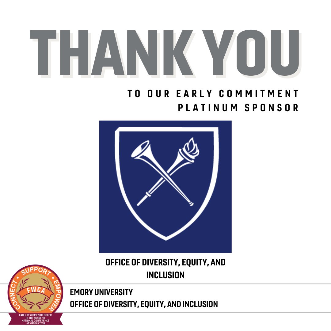 vtfwca's tweet photo. THANK YOU to Emory University's Office of Diversity, Equity, and Inclusion for being an Early Commitment Platinum Sponsor! 🩶

Interested in being added to an esteemed list of #FWCA24 sponsors⁉️ 
➡️ Visit https://t.co/bfF1hFaSUc for more information

#FWCA #FWCA2024 #FWCASponsor https://t.co/AQdaobi0jI