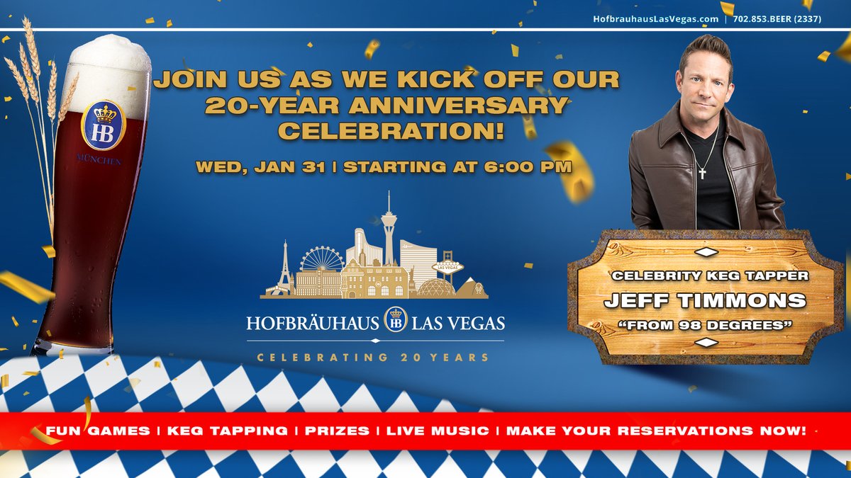 🥳Join us to celebrate our 20-year anniversary! Kicking off on Wednesday, January 31, starting at 6pm. Get ready for fun games, a dark wheat keg tapping with @JeffTimmons from 98 Degrees @98official and live music. Come and be a part of this memorable celebration! 🍺🎵
#HBLV20