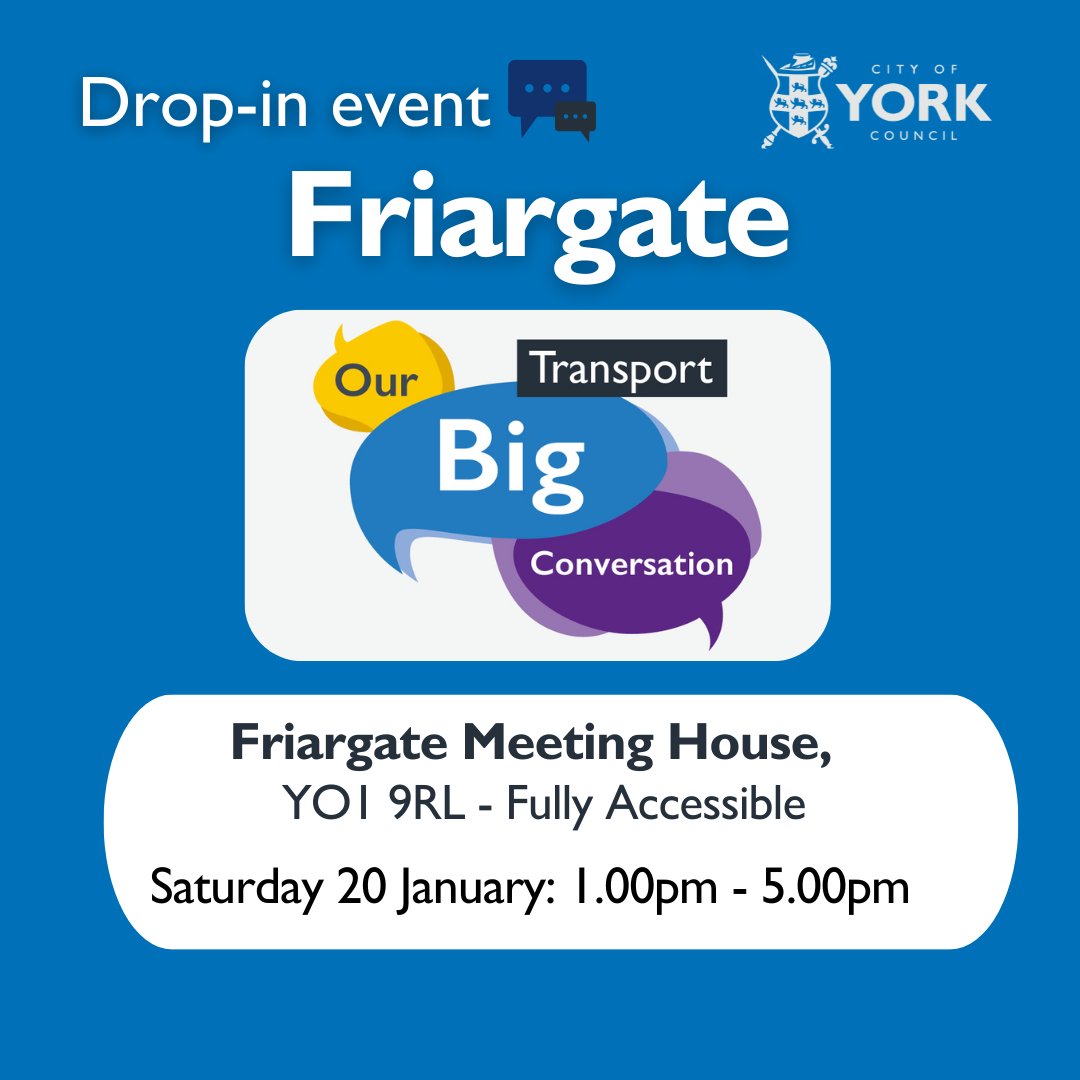 📍 Join us tomorrow (20 Jan) at the Friargate Meeting House, 1pm – 5pm, to discuss transport in your area. Find more information on the consultation, as well as drop-in dates and venues, here 👇 york.gov.uk/BigTransportCo…