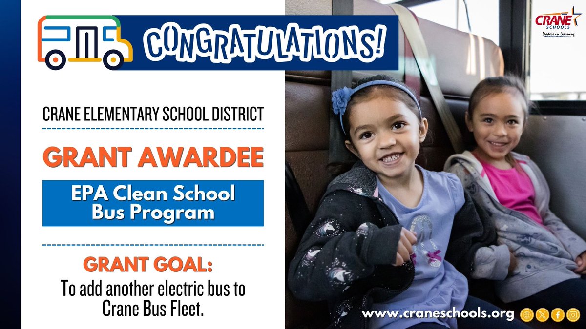 CraneSchools's tweet photo. 🎉Congratulations Crane Transportation Dept. for being awarded a $395K grant to purchase another electric bus from the @EPA Clean School Bus Program. Crane is doing its part to use clean energy in the transport of our students with an electric bus fleet. #ThanksEPA #WeAreCrane https://t.co/VsArF6xuO8