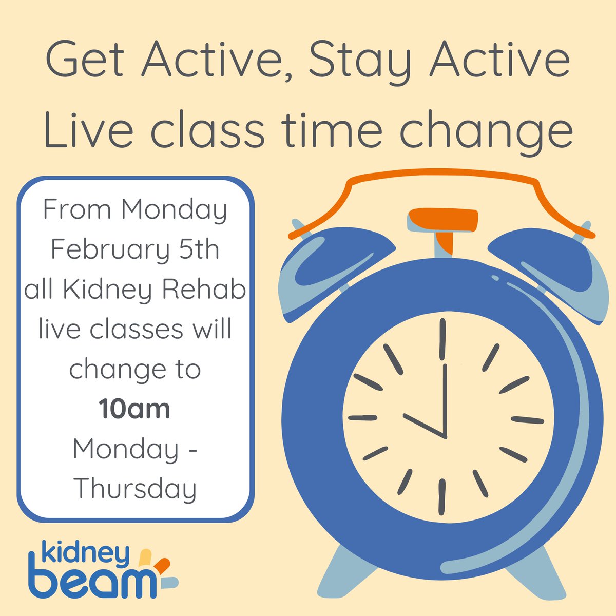 🌟 Announcement for Live Class Attendees! 🌟 Starting Monday, February 5th, the King’s team is shaking things up – all live classes will now kick off at 10am from Mondays to Thursdays! ⏰ #KidneyBeam KidneyStrong #KidneyHealth #TeamKidney #KidneyDisease #KidneyTransplant