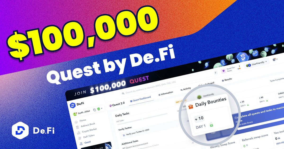 🚨 Week 4 at Full Blast!

⚡️ Gear Up for the Next Challenges, as the #de_fi Quest Continues!

Want to be among the winners, and win the $100,000 prize?

Make sure to do all tasks, increase your Swap Score &amp; invite your friends to increase your chances.
