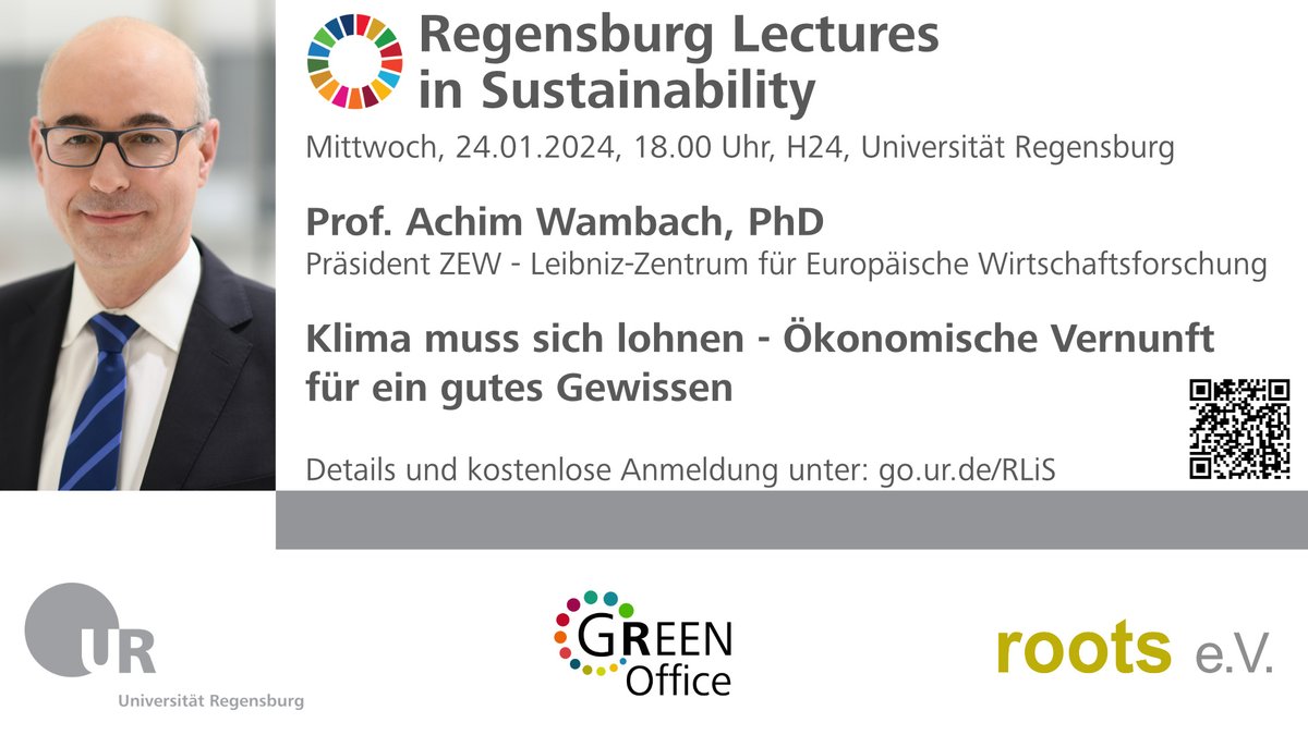 Save the date: Prof. Achim Wambach, PhD, Präsident des ZEW, bei den "Regensburg Lectures in Sustainability" am 24.1. um 18 Uhr an der UR. Thema: "Klima muss sich lohnen - Ökonomische Vernunft für ein gutes Gewissen". Mehr Infos &amp; Anmeldung: roots-lecture.de/sustainability… <a href="/AchimWambach/">Achim Wambach</a>
