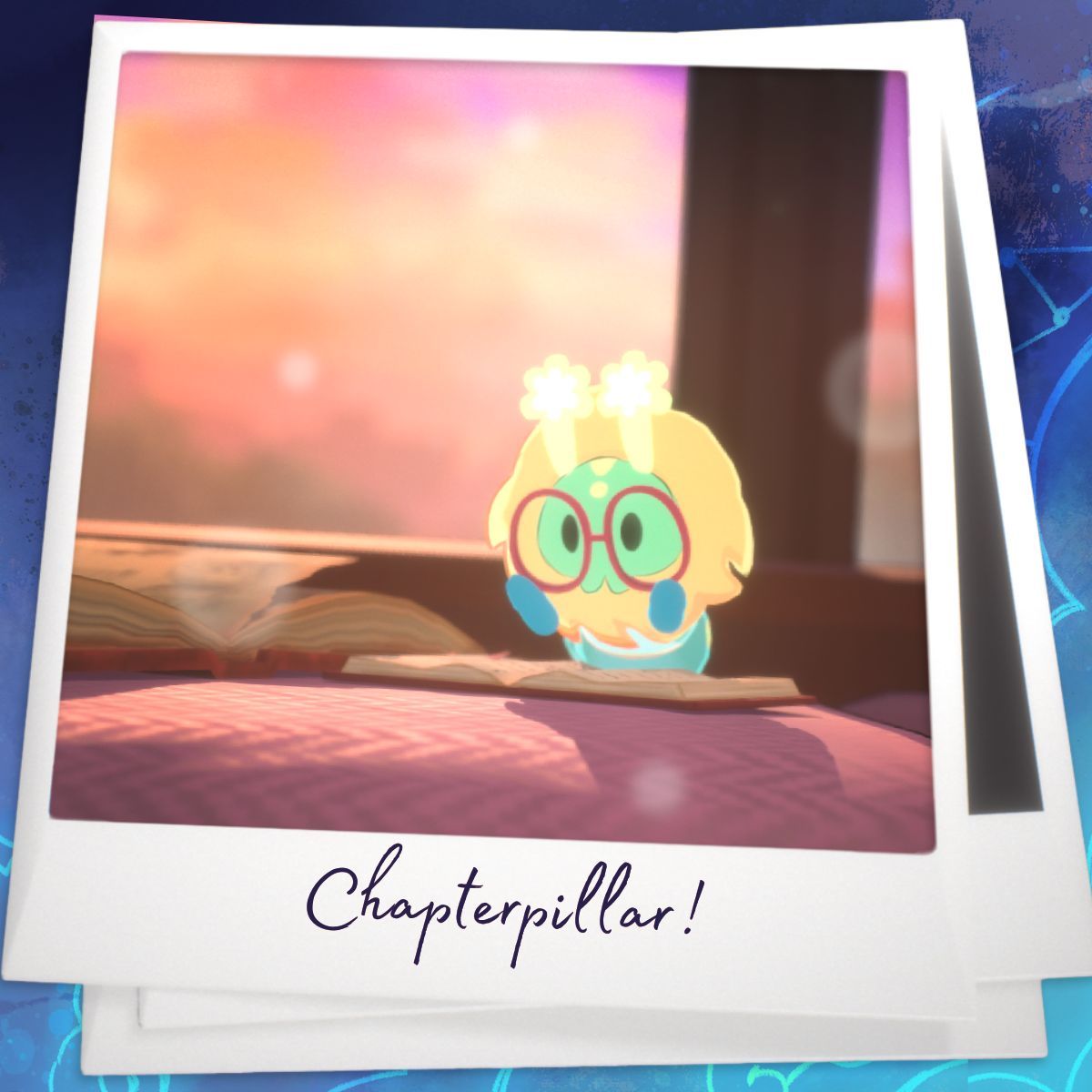 Meet Chapterpillar! 
This bookish spirit loves reading! I noticed they would sneak up and try reading over my shoulder. I'd wait to turn the page until Chapterpillar finished reading. Eventually it trusted me enough to show itself to me!

#cozygaming #indiegames