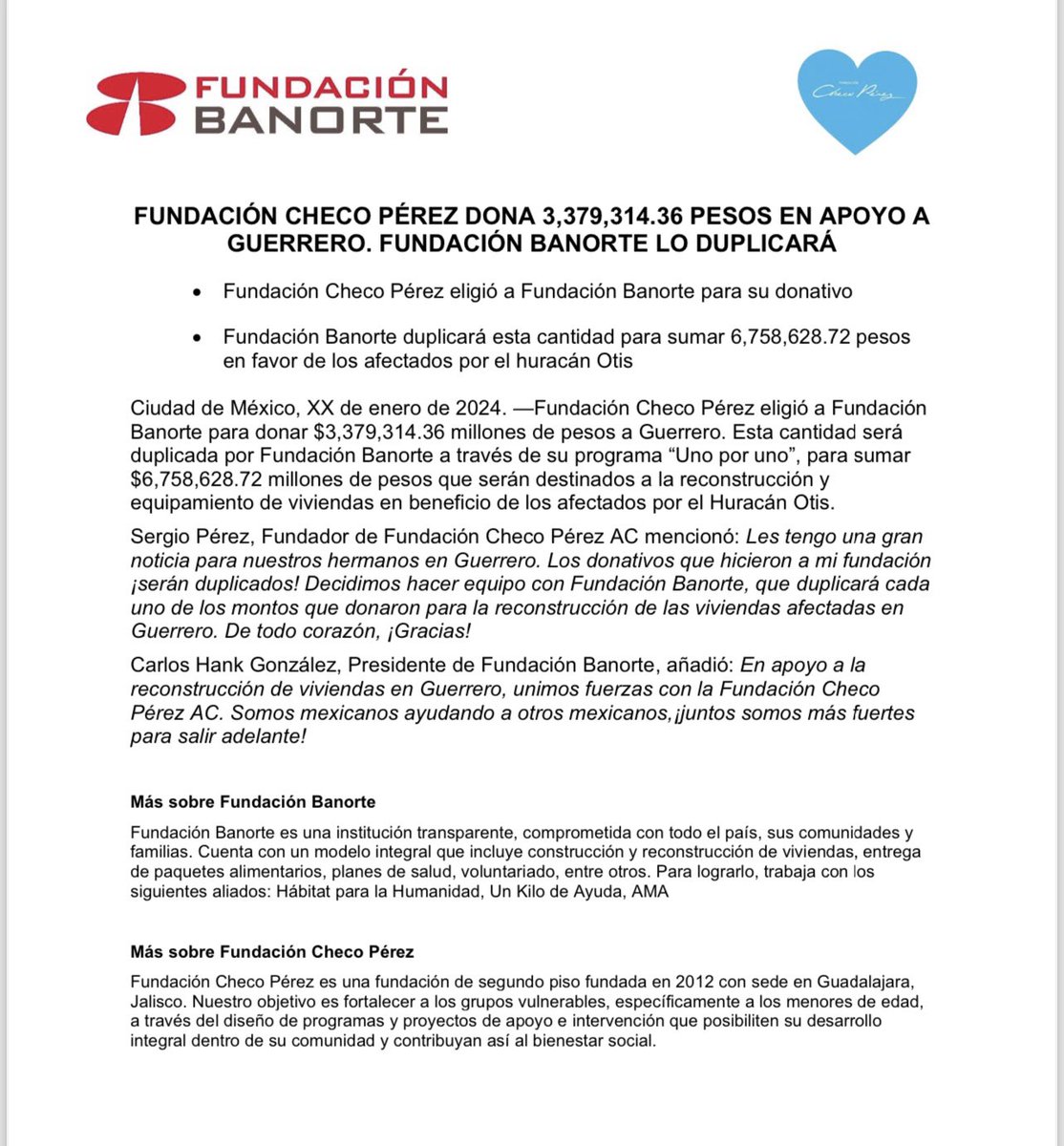 “Decidimos hacer equipo con Fundación Banorte, que duplicará cada uno de los montos que donaron para la reconstrucción de las viviendas afectadas en Guerrero. De todo corazón ¡Gracias!” 

 -Sergio Pérez Fundador Fundación Checo Pérez. 
<a href="/Banorte_mx/">Banorte</a> <a href="/GFBanorte_mx/">GFBanorte México</a>