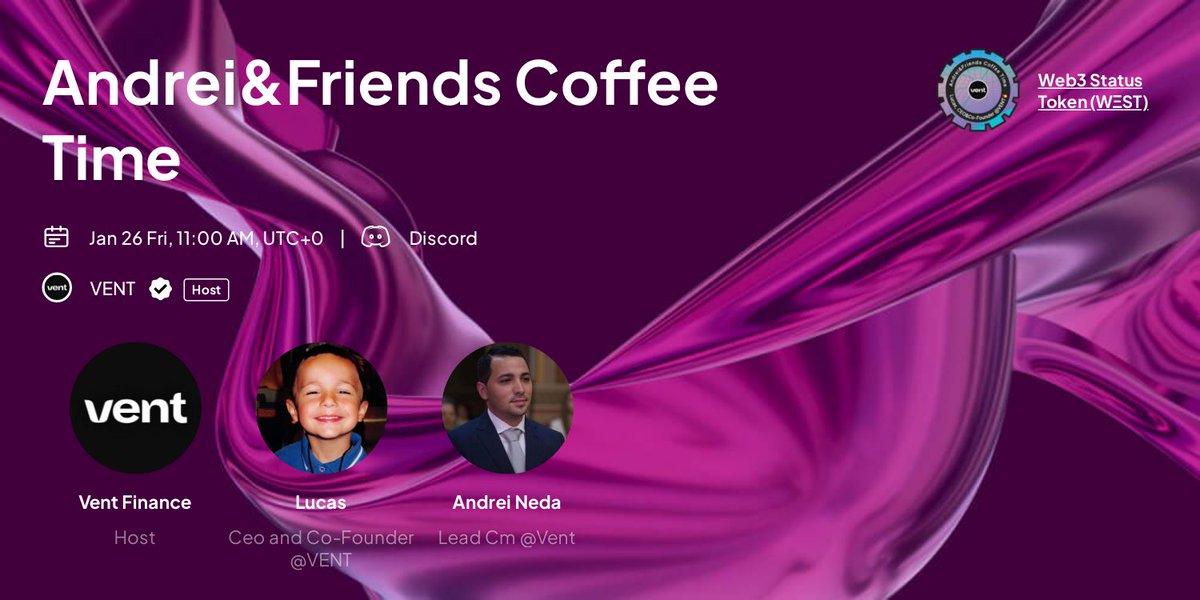Frens👋 

This Friday A&amp;F Event, we've got <a href="/LucasMatleb/">Luca(s)</a> , CEO&amp;Co-Founder &amp; <a href="/Andrei_Web3/">Andrei Web3</a>, Lead CM at VENT.

We will be LIVE on Discord via <a href="/link3to/">Link3</a> &amp; <a href="/Galxe/">Galxe</a>🔥

🗓Friday 26th January, 11:00 AM UTC

Join&amp;claim your NFTs:
👉galxe.com/vent/campaign/…
👉link3.to/e/kHmT79