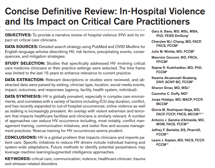 Hot off press in @CritCareMed just in time for #SCCM2024: In-Hospital Violence & Its Impact on #CriticalCare Practitioners. Thanks to @garybassmd & Lew Kaplan for their leadership and bringing this important topic to the forefront. journals.lww.com/ccmjournal/ful… #ICU #PedsICU