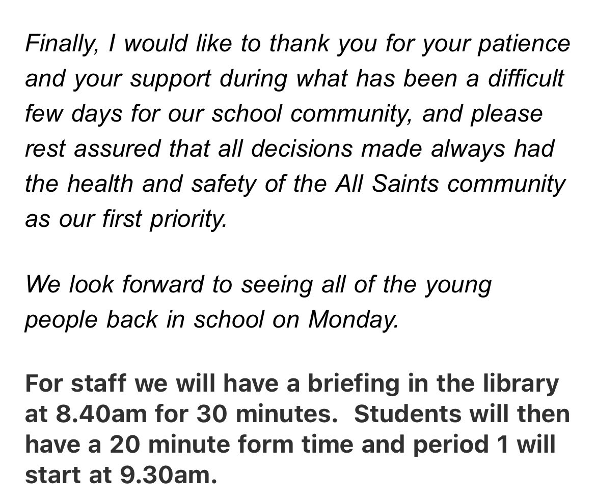 A message from Mr McGuinness regarding school being open on Mon 22nd Jan. Please note the later start time of 9:10am for all pupils.