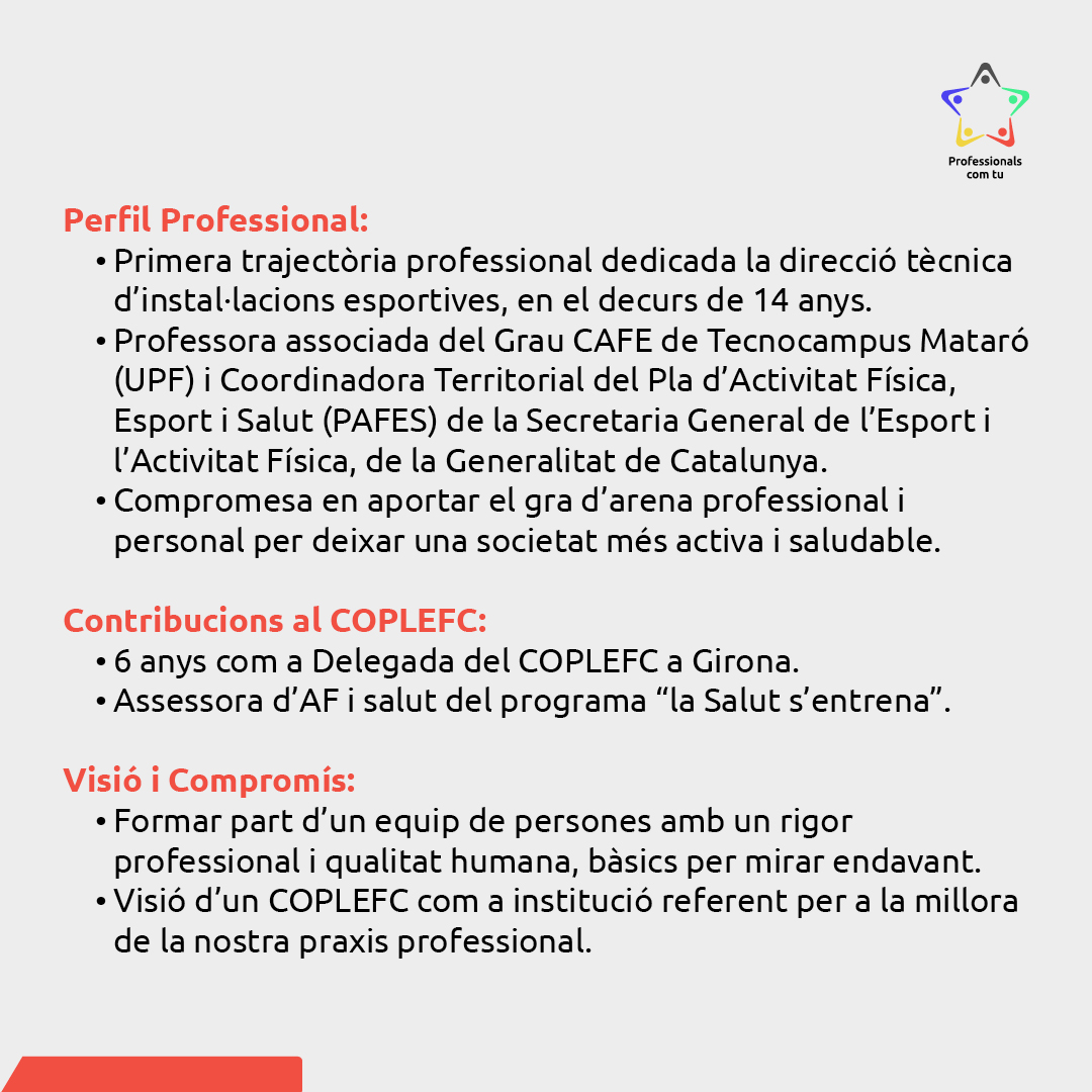 📢 Avui presentem Maica Rubinat, la nostra vicepresidenta. És experta en preescripció, activitat física i salut, i col·labora amb professionals de la salut.

👥 Estigueu atents per conèixer els membres del nostre equip!

#ProfessionalsComTu #COPLEFC2024 #MaicaRubinat 🗳️💪✨