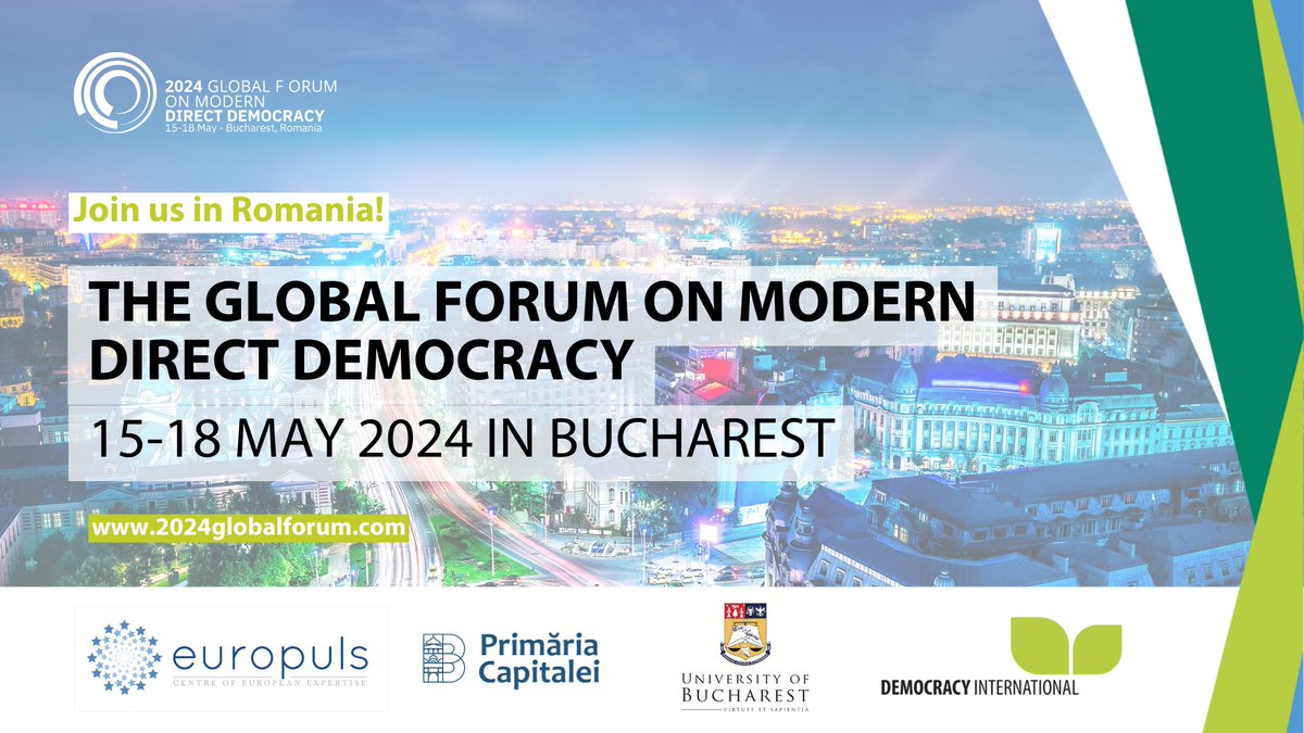 Für alle, die gerade an ihrer Jahresplanung sitzen: Wie wärs mit einem Besuch beim #GlobalForum on Modern Direct Democracy von <a href="/democracy_intl/">Democracy International</a>? Die weltgrößte Konferenz für direkte #Demokratie findet in diesem Jahr vom 15.-18. Mai in Bukarest statt.
democracy.community/global-forum/2…