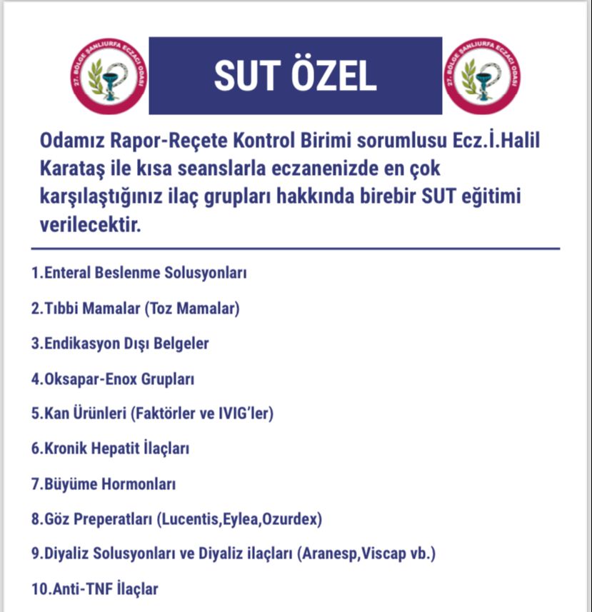 Şanlıurfa Eczacı Odası olarak bir ilke daha imza atıyoruz. 🎉
Odamıza üye eczacılarımıza özel birebir "Sağlık Uygulama Tebliği (SUT) Eğitimi" düzenliyoruz. 🎇

📌Detaylı bilgi için: 0534 594 92 65