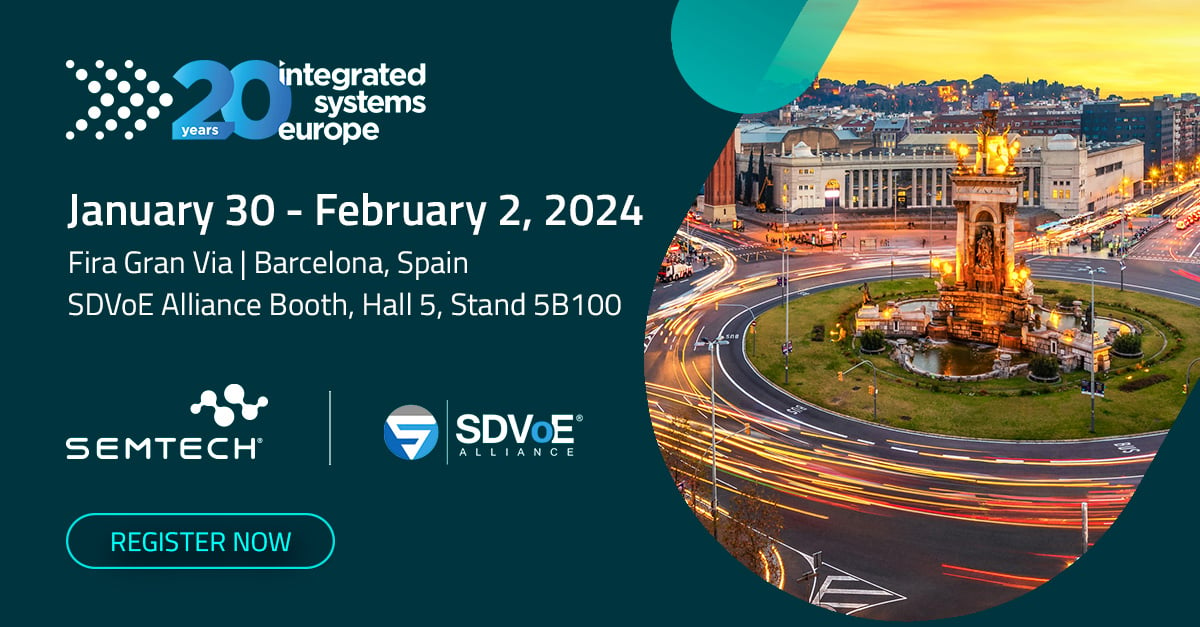 Don't forget to register for the #ISE event! We will be exhibiting our BlueRiver #AVoverIP platform and Broadcast portfolio of #12G-SDI parts with the #SDVoE Alliance! Join us on February 2nd in Barcelona, register now: hubs.la/Q02g_bkt0 #BlueRiver #Semtech #SDVoEAlliance