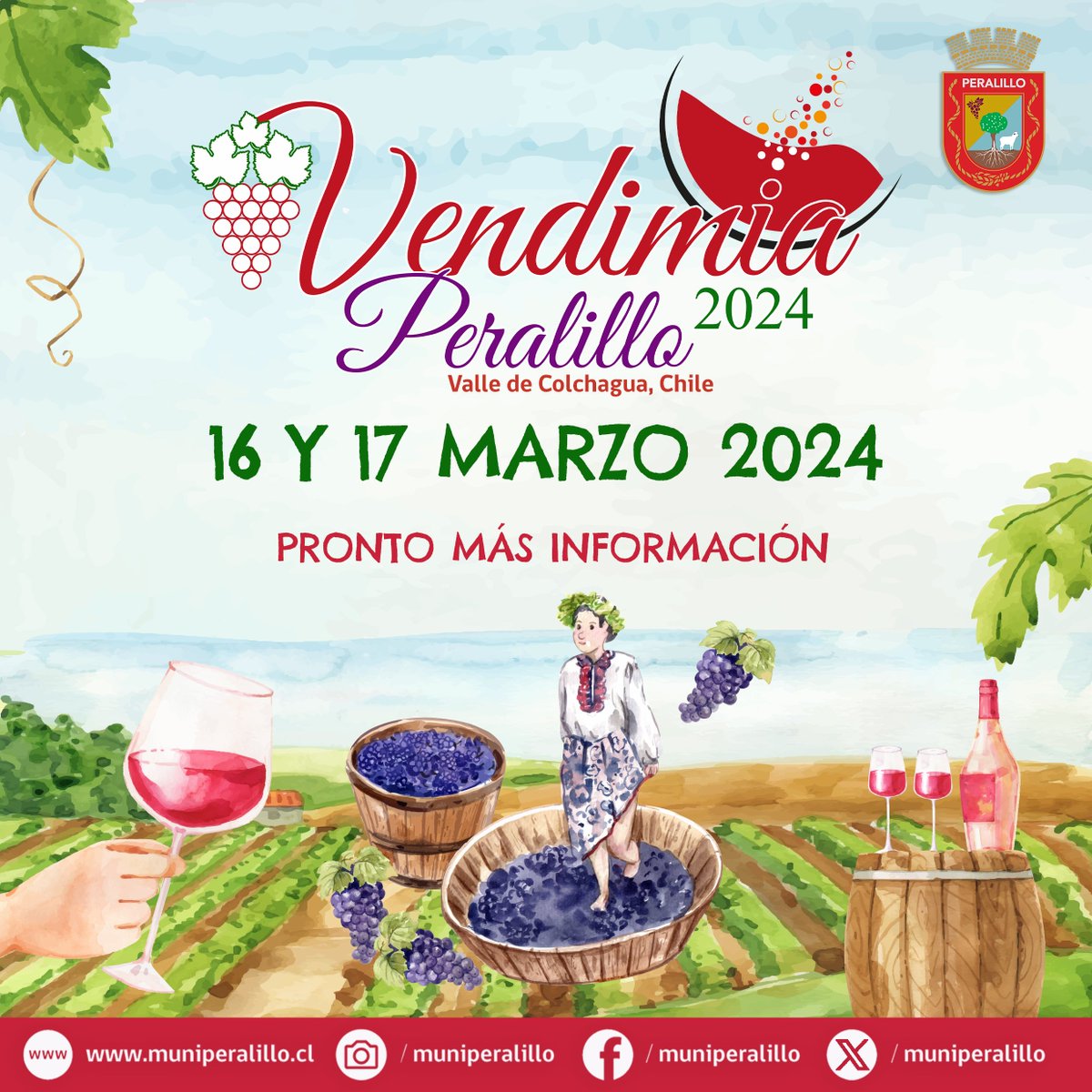 "Peralillo ya tiene fecha para una nueva Versión de la Fiesta de la Vendimia Peralillo 2024, este evento se realizará los días Sábado 16 y Domingo 17 de Marzo, en nuestro Parque Municipal. 📷

#VendimiaPeralillo2024 #Pronto #Cultura #Artesania #Gastronomia #ValledeColchagua