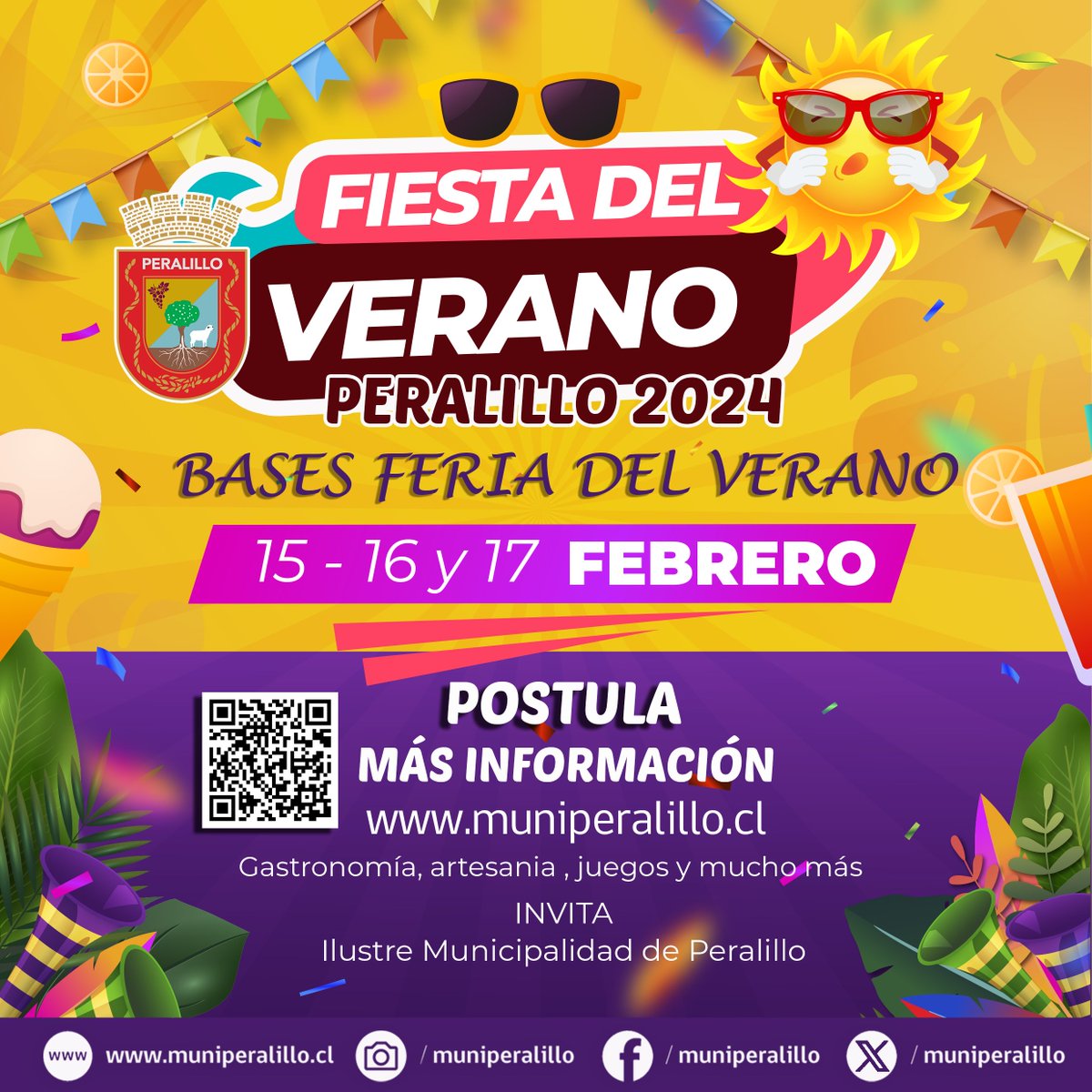 BASES FERIA FIESTA DEL VERANO PERALILLO 2024 📷📷📷
Ya se encuentran disponibles en la web las Bases para postular a los Stand de la Fiesta del Verano Peralillo 2024.📷
📷Link descarga y código QR: muniperalillo.cl/informaciones/…