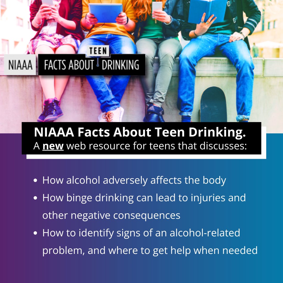 samhsagov's tweet photo. Check out @NIAAAnews new web resource: Facts About Teen Drinking. The site offers research-based info on #UnderageDrinking– 

✅ how #alcohol adversely affects health
✅ how to identify signs of a problem
✅ where to get help 

https://t.co/FW4lcxKcoo https://t.co/pcQaw0mSjr