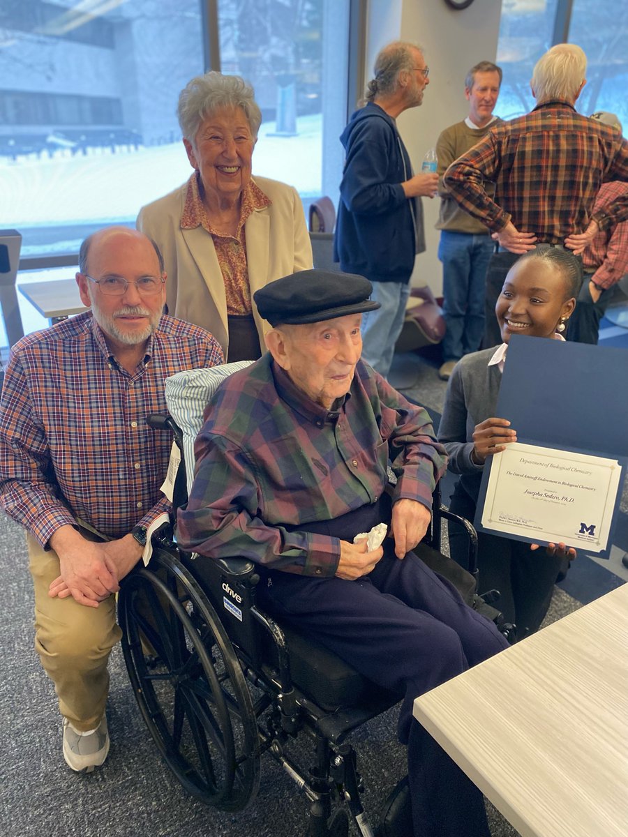 Wonderful celebration yesterday with the department #UMichBiolChem and 98-yr old Emeritus Professor David Aminoff, inaugurating the David Aminoff Endowment in Biological Chemistry and its first awardee Dr. Josepha Sedzro @JClaraSe!