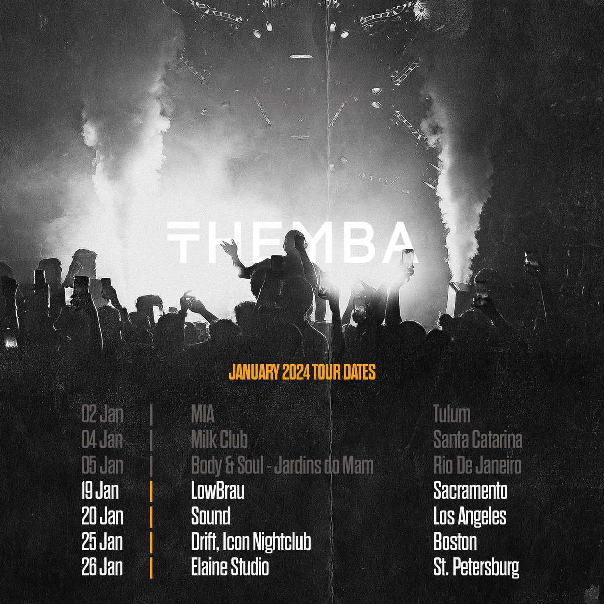 4 City 🇺🇸 USA run to wrap up my Jan ‘24 Tour Scheule. Looking forward to my debut show in Sacramento and my return to LA, Boston & Tampa! Hope to see you on the dance floor. #whereisthemba❓