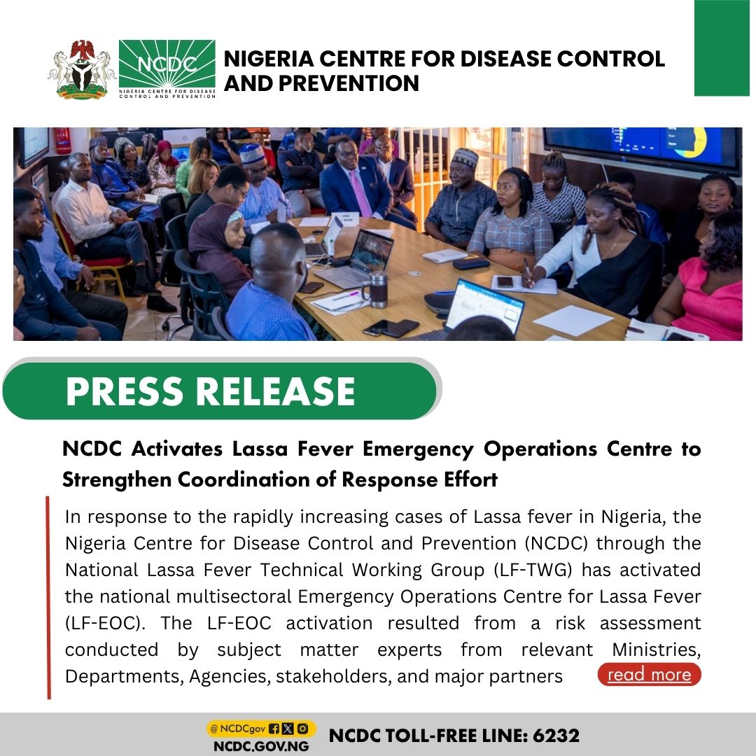 The activated #LassaFever EOC will coordinate a national response, particularly across affected states to help minimise suffering, reduce mortality, interrupt disease spread, and address socioeconomic complications using a #OneHealth approach. 📜Read: ncdc.gov.ng/news/509/ncdc-…