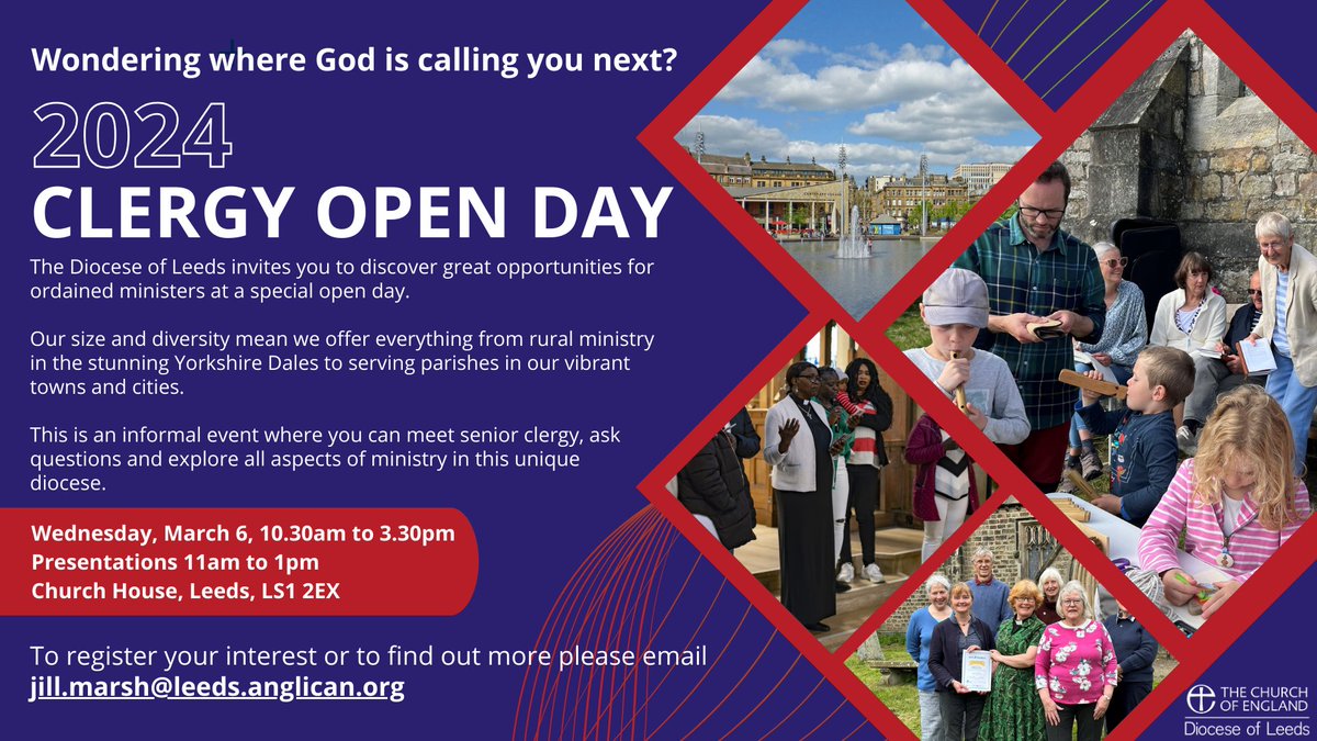 The Diocese of Leeds is hosting a special open day on Wednesday, March 6. At this event ordained ministers can meet senior clergy, ask questions and explore ministry in our unique diocese. To register your interest please email jill.marsh@leeds.anglican.org.