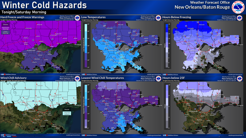 National Weather Service Cold Weather Update 6:00 AM CST January 19, 2024
The National Weather Service is forecasting a hard freeze and freeze warning and wind chill advisory for tonight thru 9am Saturday and Saturday night thru 9am Sunday, no wind chill advisory Saturday night.