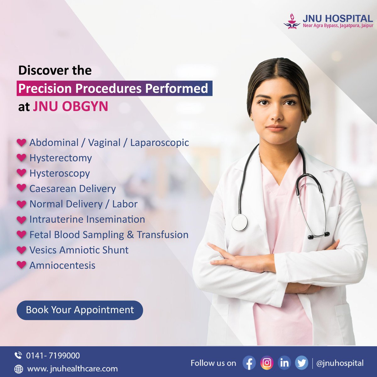Explore the expertly performed interventions at JNU OBGYN, from advanced hysterectomies to delicate fetal blood sampling. Our commitment to precision ensures the highest standard of care for women's health. 

#OBGYNCare #PrecisionProcedures #WomensHealth