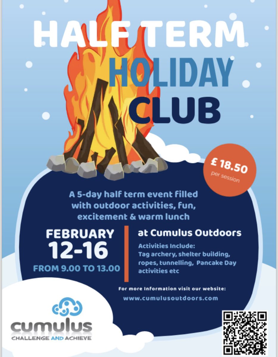 FEB SCHOOL HOLIDAY CLUB! Our popular holiday club is back for the Feb half term holidays! 12-16 Feb 9.00am - 1.00pm Ages 5-16yrs £18.50/session/child At our Residential Centre. Tag Archery, High Ropes, Target Sports, Tunnelling, Shelter Building &amp; Pancake Cooking!!
