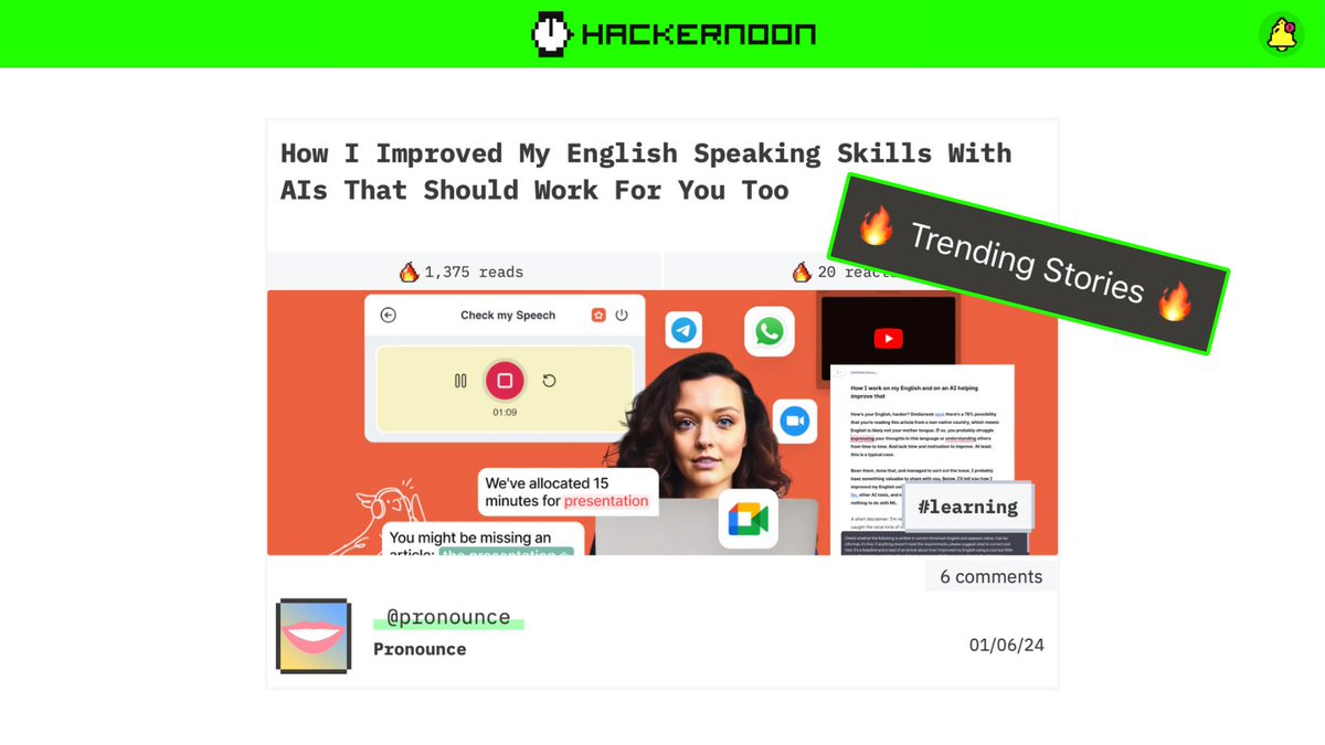 PronounceHQ's tweet photo. 🚀 Our guide on leveling up your #English with #AI hit the #trending list on @Hackernoon—3 times!

Struggling with language feedback? AIs missing your mistakes? Want a more natural vibe? Don't think fluency is possible outside a native environment? It's for you: https://t.co/LiLuqaQFAE

#LanguageLearning