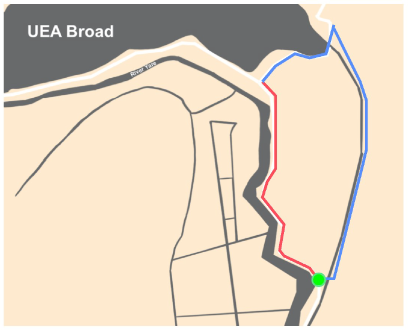 The boardwalk between the UEA Broad and the junction with Strawberry Fields has been closed due to the condition of the path.

The closed section is marked in red on the attached image. The path marked in blue is the advised diversion route.
