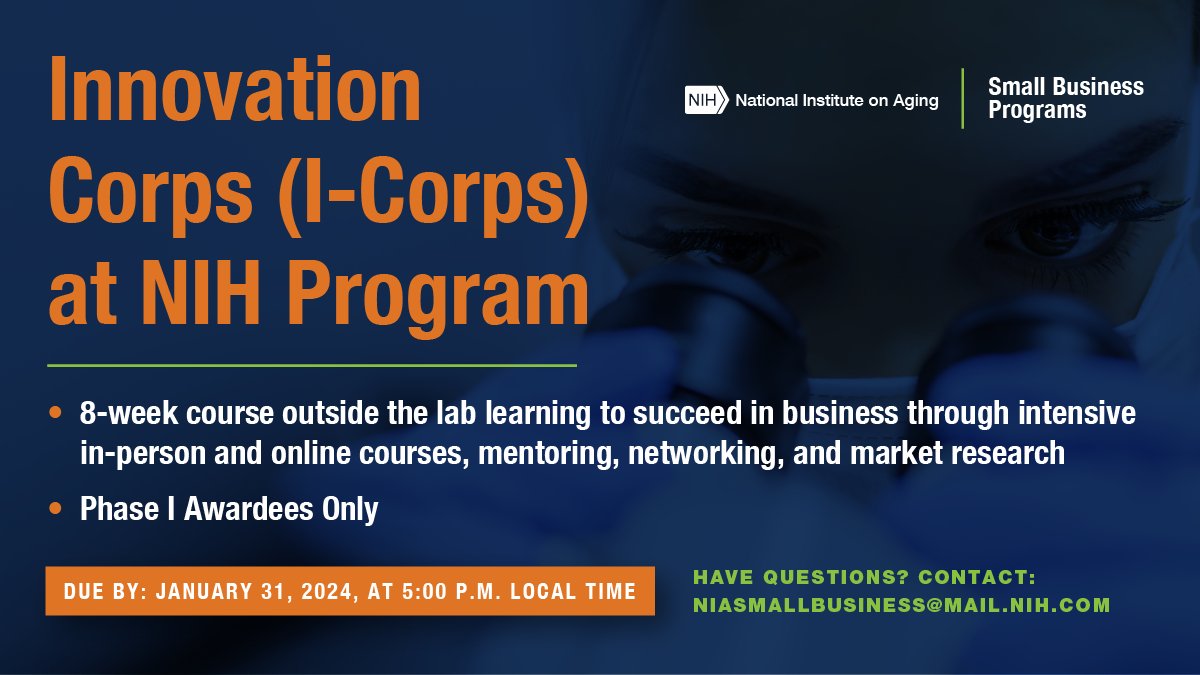 The application period for FY24 cohort 2 of #ICorpsNIH closes in less than 2 weeks. Reach out to the team at niasmallbusiness@mail.nih.gov with any questions before submitting your application for review. When you're ready, submit here: bit.ly/3Ls6ohM #NIAFunded