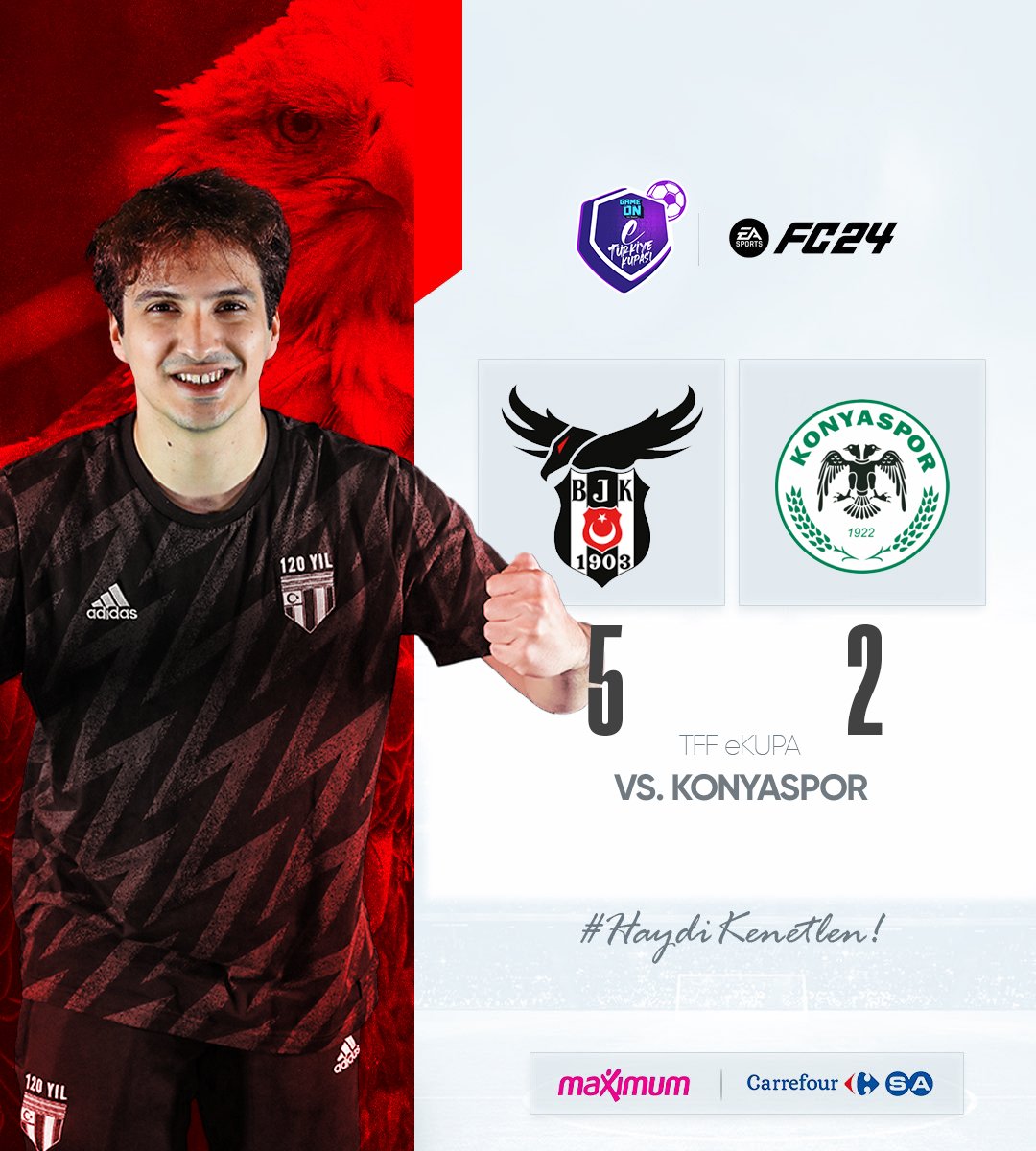 5 gollü galibiyet! 👊🏻 GAMEON eTürkiye Kupası'nda Konyaspor'a karşı 5-2 kazanıyoruz. 🖤🤍 Tebrikler! @janardaa 👏🏻 #BeşiktaşEsports | #HaydiKenetlen