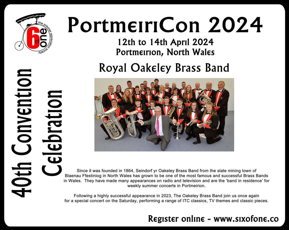 PortmeiriCon 2024 After their popular appearance in 2023, we are pleased to announce that the famous Royal Oakley Brass Band will return in 2024 on the Saturday to perform two sets of TV/Film and other classics. Register for the Convention at sixofone.co/convention