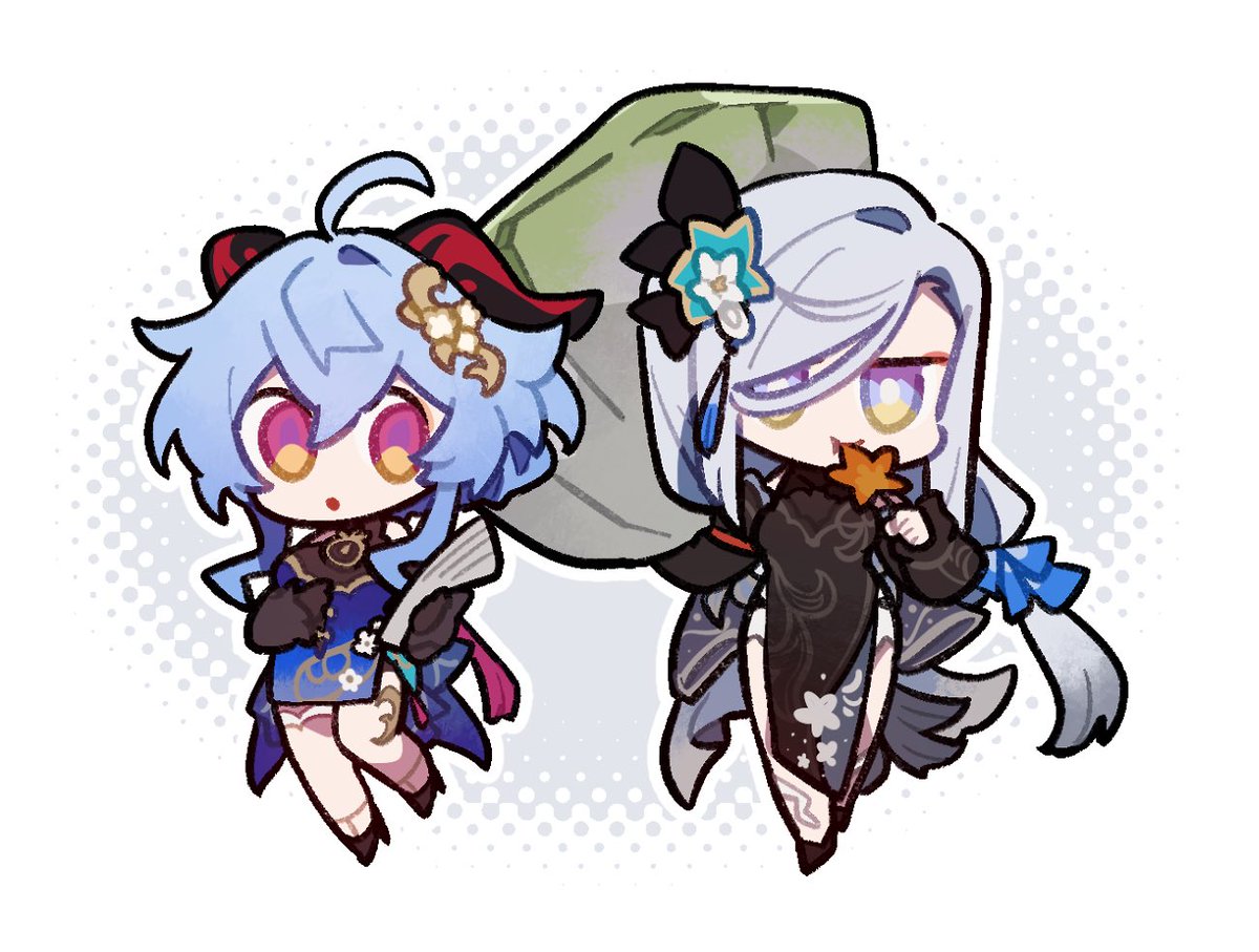 ganyu (genshin impact) ,shenhe (genshin impact) multiple girls 2girls horns blue hair hair ornament long hair chibi  illustration images