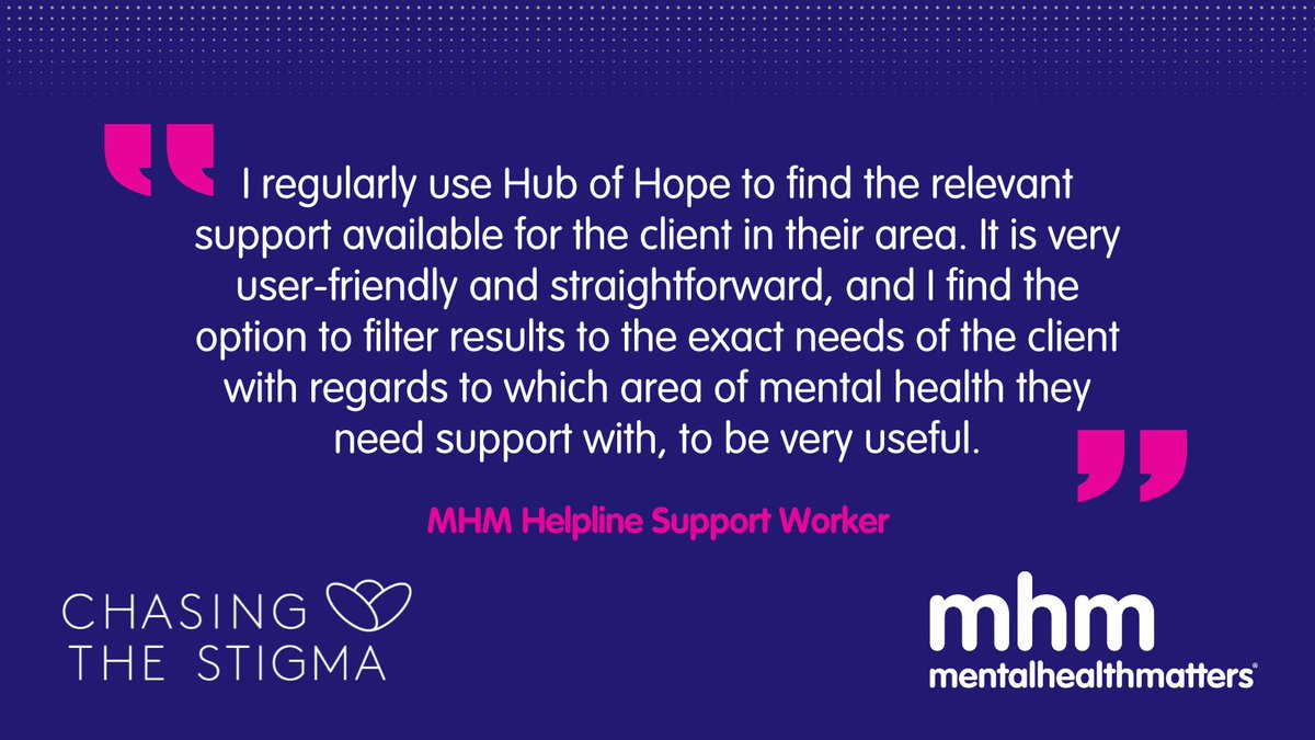 Our helplines use @ChasingStigma's Hub of Hope, the biggest mental health support directory in the UK, when helping people in need. We are delighted to partner Chasing the Stigma and have the Hub of Hope on our website. mhm.org.uk/hub-of-hope